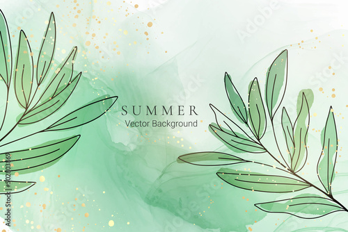 Marble green liquid watercolor background with branch and gold foil elements. Dusty grey emerald alcohol ink drawing effect with golden stains. Vector illustration of botanical elegant wallpaper