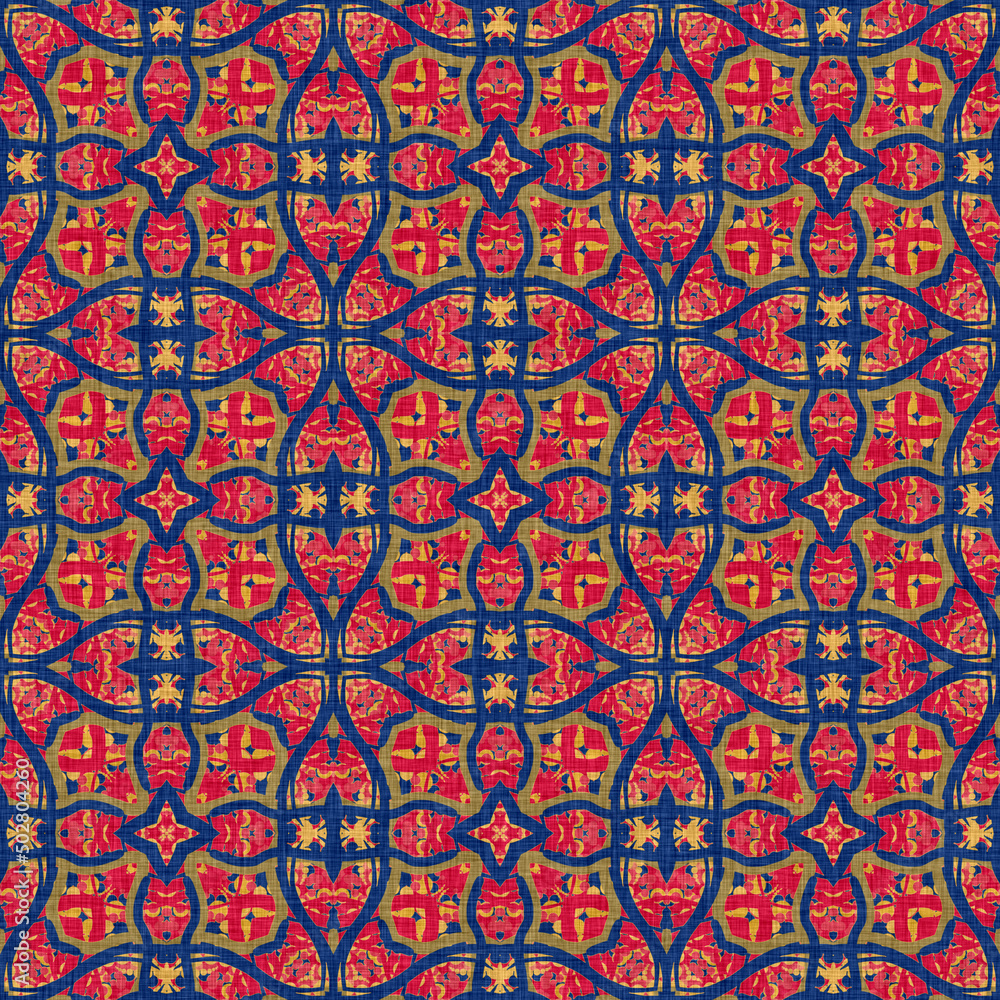 Indian boho summer bandana seamless symmetrical pattern. Versatile masculine red blue scarf print in kaleidoscopic floral ornamental style. Indian boho summer bandana seamless symmetrical pattern. Versatile masculine red blue scarf print in kaleidoscopic floral ornamental style.