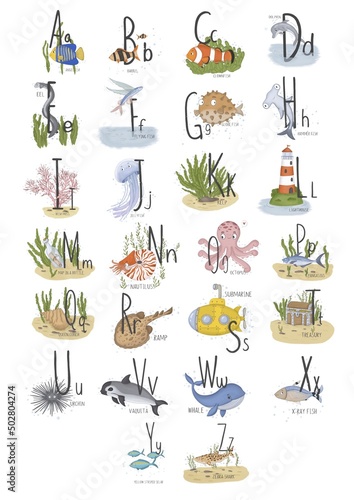 Illustration of the marine English alphabet on a white background marine fish shellfish algae submarine octopus shark schools of fish lighthouse dolphin kelp card in a bottle