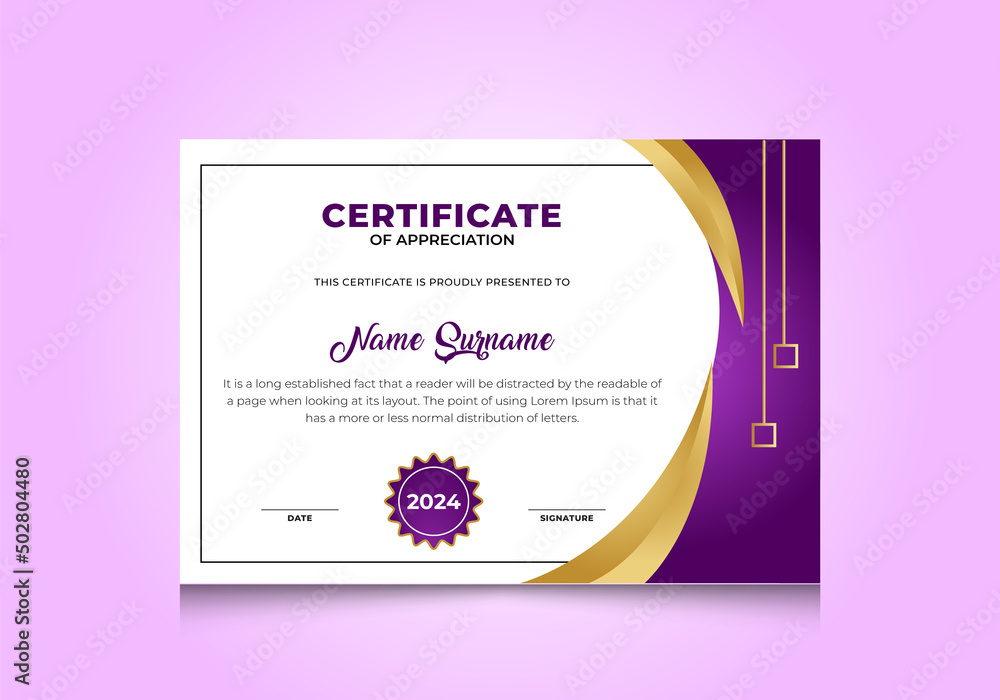 Purple and gold abstract certificate template. vector illustration