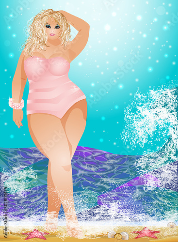 Plus size blonde girl on the beach, summer time invitation card, vector illustration