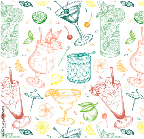 Sketch hand drawn pattern of Summer cocktails isolated on white background. Outline drawing alcohol lemon drink wallpaper. Mint, pineapple, lime Mojito, Cosmopolitan, Margarita. Vector illustration.