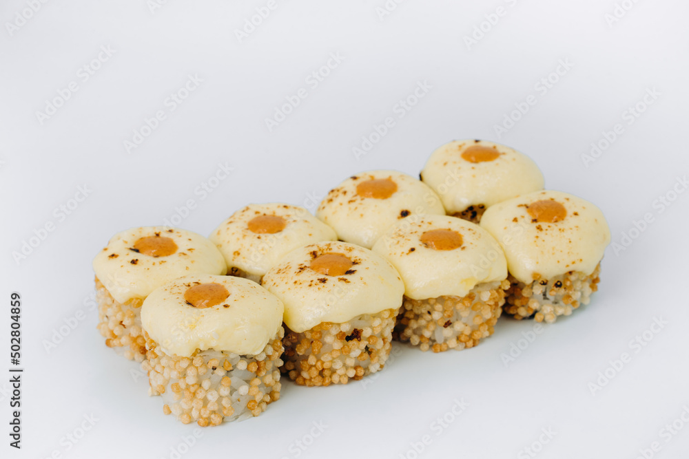 baked sushi rolls on a white background. restaurant menu. baked sushi rolls on a white background. restaurant menu.