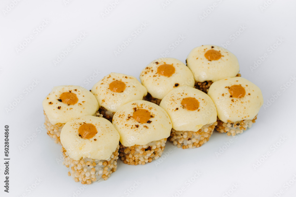 baked sushi rolls on a white background. restaurant menu. baked sushi rolls on a white background. restaurant menu.