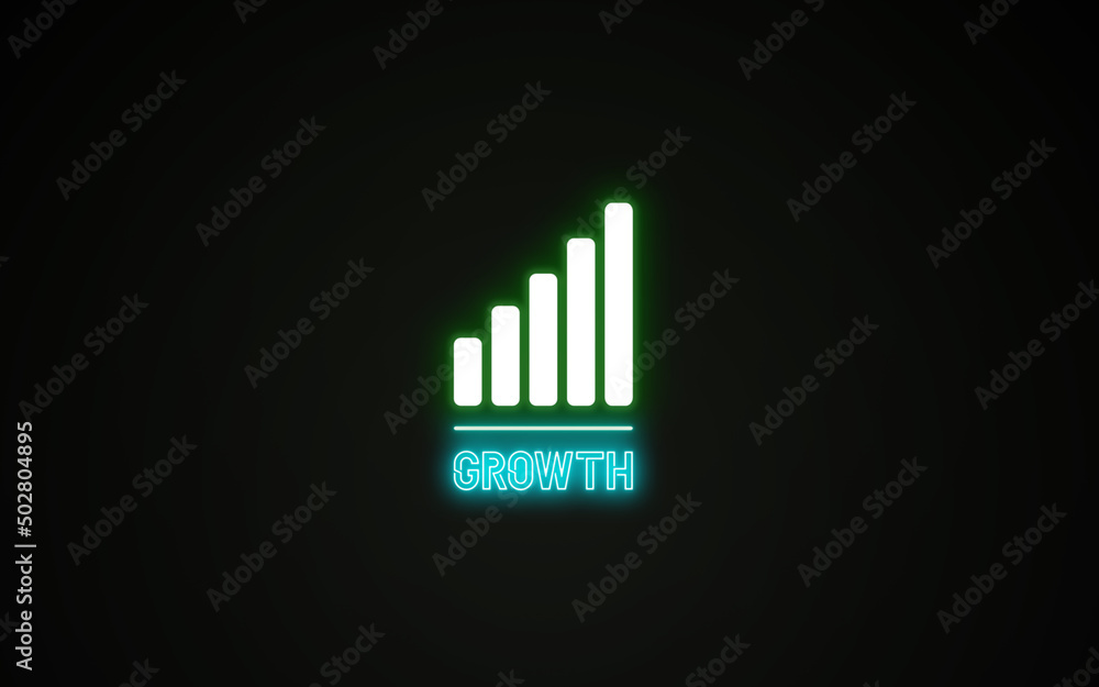 Neon sign saying 'growth' with a bar chart on top of the text to symbolize the growth, in green and white color on a black background. Useful for corporate, consulting or motivational presentations. Neon sign saying 'growth' with a bar chart on top of the text to symbolize the growth, in green and white color on a black background. Useful for corporate, consulting or motivational presentations.