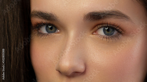 Canvas Closeup female eyes with bright make-up, great shapes brows, extreme long eyelashes