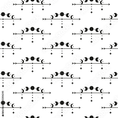 Boho seamless pattern with arrows, moon phases, stars.