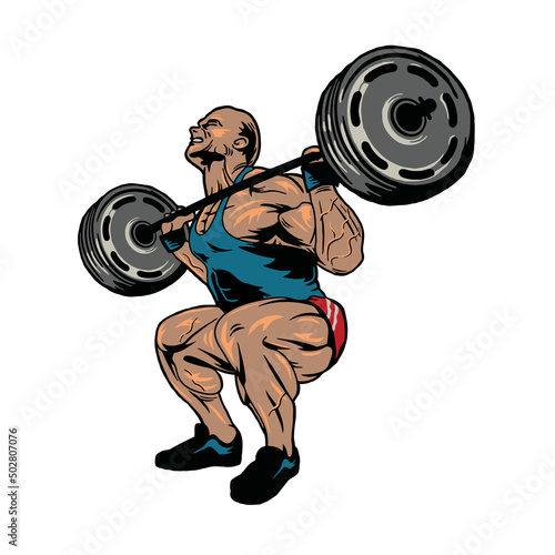 strong bodybuilder powerlifter lifts a barbell, vector, logo, cartoon, mascot, character