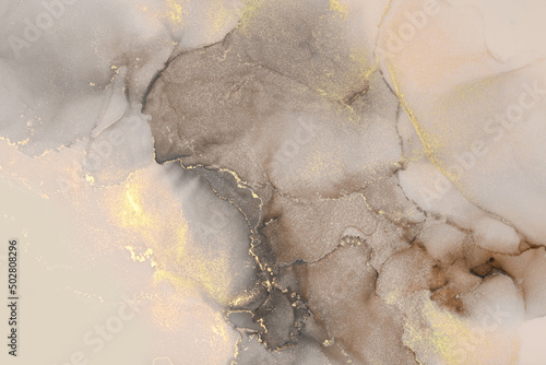 Art Abstract smoke painting blots horizontal copy space background. Alcohol ink beige and gold colors. Marble texture.