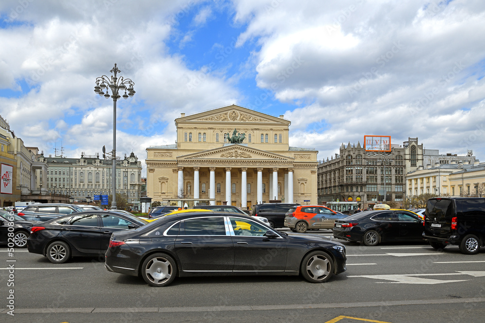 Cars on Theatre Square in spring. Moscow