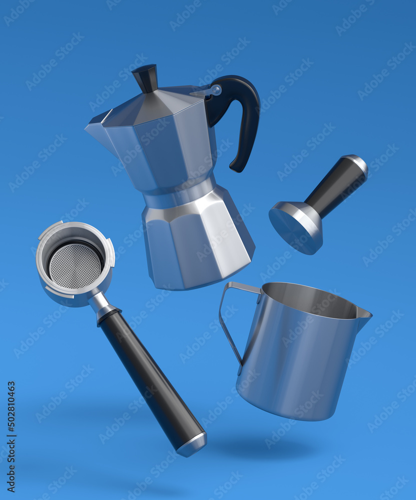 Espresso coffee machine with horn and geyser coffee maker on blue background. Espresso coffee machine with horn and geyser coffee maker on blue background.