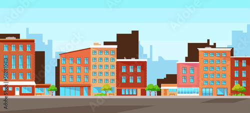 Summer city with residential buildings, skyscrapers in the background, trees, benches and road. Vector illustration of megalopolis landscape in cartoon style.
