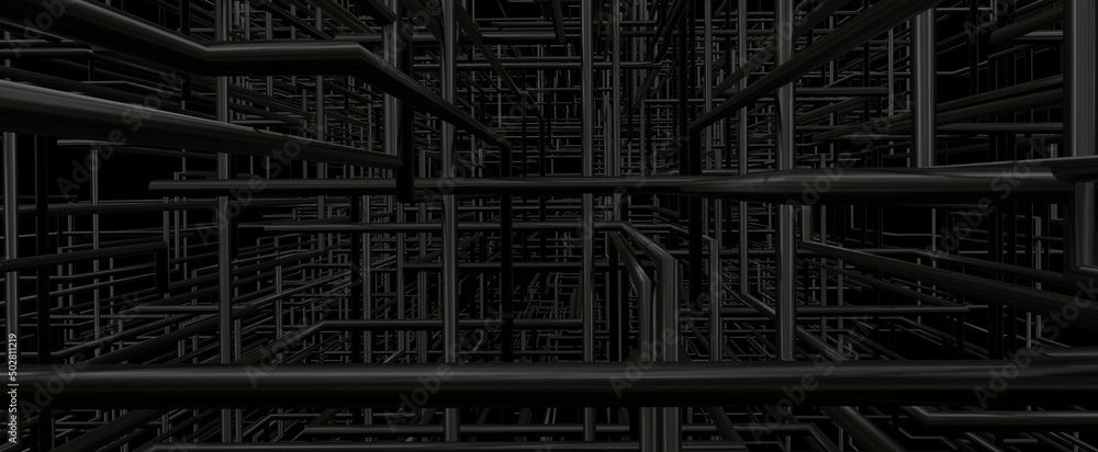 Obraz premium Dark gas and water pipes. Industrial 3d render of plexus fuel and energy supply systems. Labyrinth of metal and cast iron pipelines and pumps