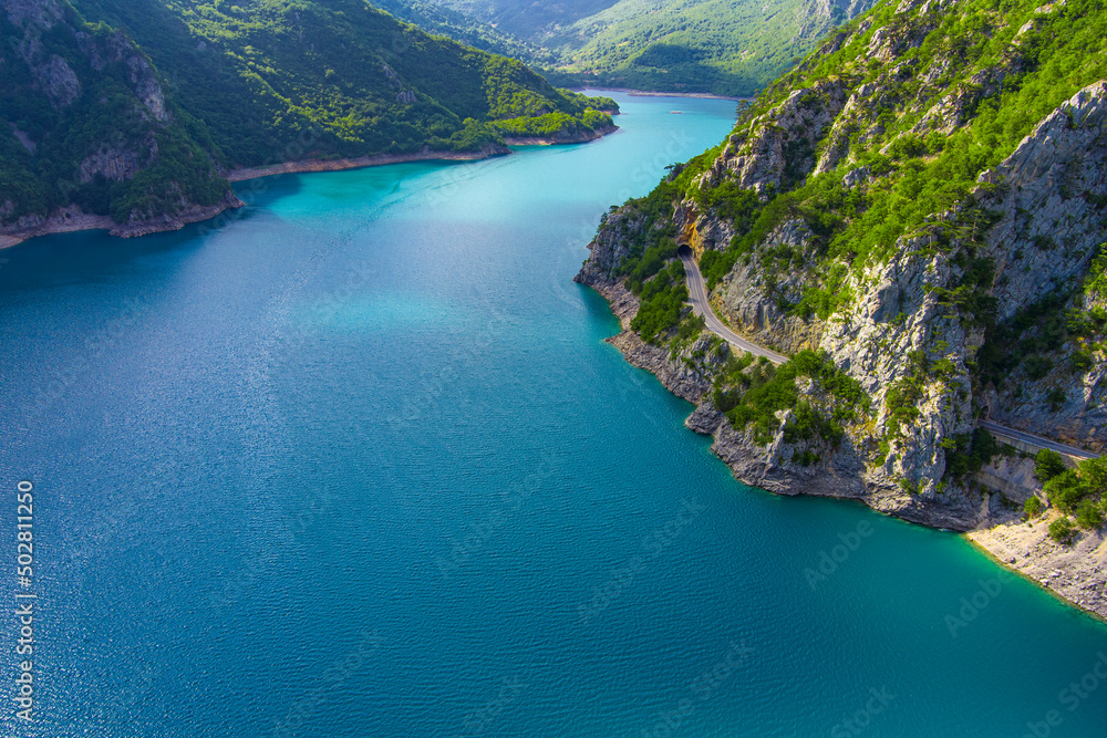 Obraz premium Montenegro. Durmitor National Park. Pivo lake. Canyon of the Tara River. Aerial view. Intense water color