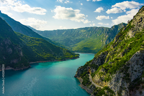 Montenegro. Durmitor National Park. Pivo lake. Canyon of the Tara River. Aerial view. Intense water color