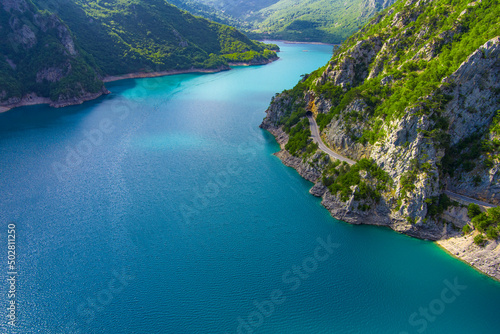 Montenegro. Durmitor National Park. Pivo lake. Canyon of the Tara River. Aerial view. Intense water color