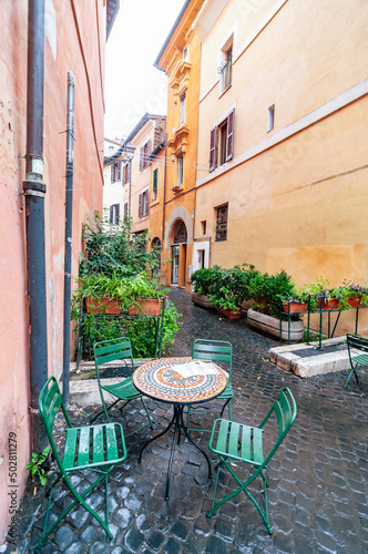 Old street in Trastevere  Rome  Italy. Trastevere is rione of Rome  on the west bank of the Tiber in Rome  Lazio  Italy.