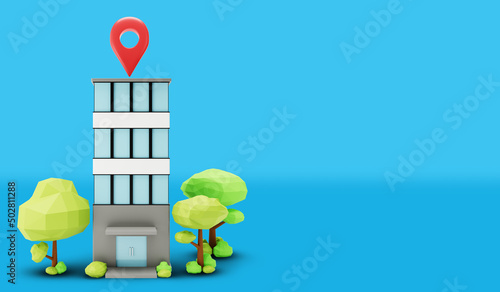 Office building with map pin pointer on gradient background. 3d rendering image of low poly objects.