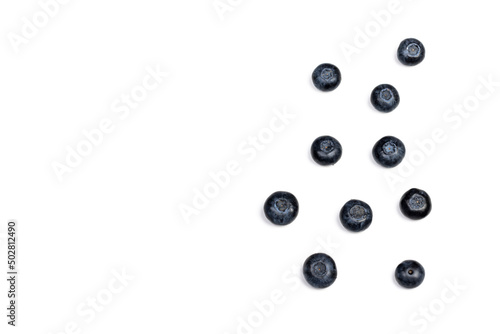 Fresh blueberries. Berry on white isolated background, top view flat lay image.