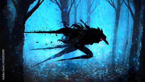 Картината върху платно A deadly swift werewolf girl with two swords in the skin of a wolf with a predator mask rushes on an inhuman supernatural stealth through the night misty forest with glowing scarlet eyes