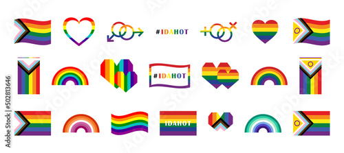 Icons set for International LGBT Pride Day. International Day Against Homophobia Transphobia and Biphobia. LGBT Pride Month illustrations LGBTQ community concept. Rainbow flags, hearts, IDAHOT concept