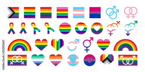 LGBT Pride Month illustrations LGBTQ community concept. Icons set for International LGBT Pride Day. International Day Against Homophobia Transphobia and Biphobia. Rainbow flags, hearts, IDAHOT concept