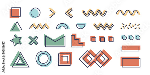 Geometric elements in memphis style with fill and stroke, retro colors. Set of stylish izolated icons for creating vintage concepts. Geometric isolated elements for memphis design, decor or collage.