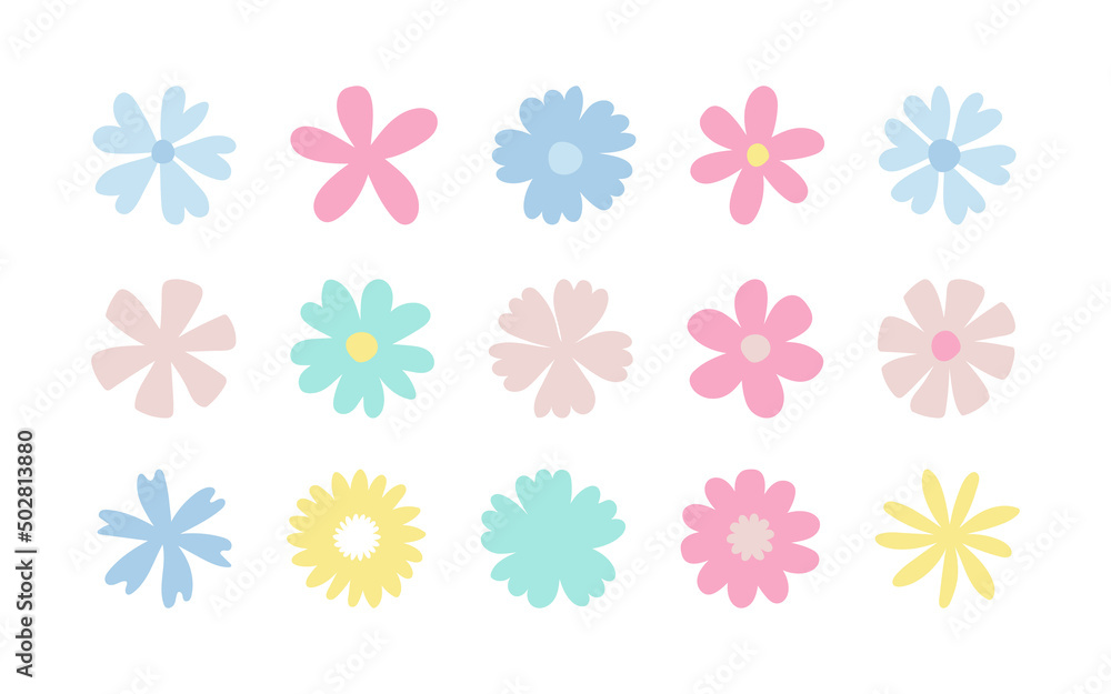 Set of simple pastel flat flowers. Vector isolated floral decorative elements on white background. Flowers icons for decoration, for cards, postcards, invitations and collages for different holidays Set of simple pastel flat flowers. Vector isolated floral decorative elements on white background. Flowers icons for decoration, for cards, postcards, invitations and collages for different holidays