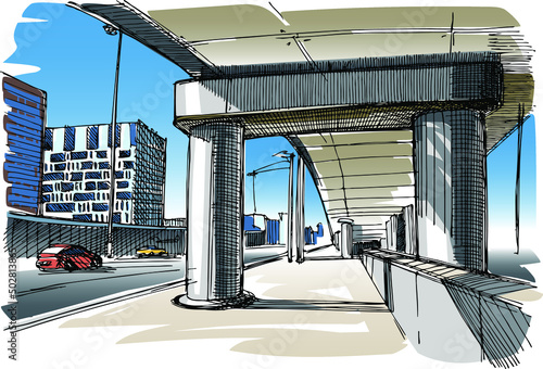 Urban landscape with a car bridge - hand-drawn sketch