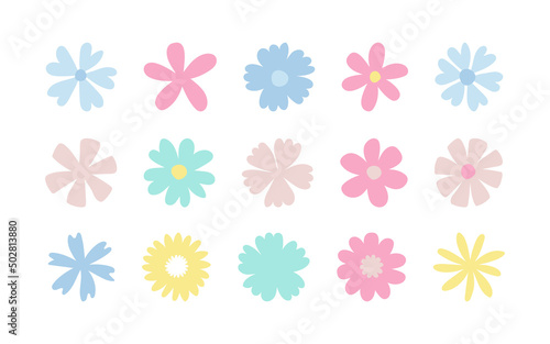 Set of simple pastel flat flowers. Vector isolated floral decorative elements on white background. Flowers icons for decoration, for cards, postcards, invitations and collages for different holidays © LENNAMATS