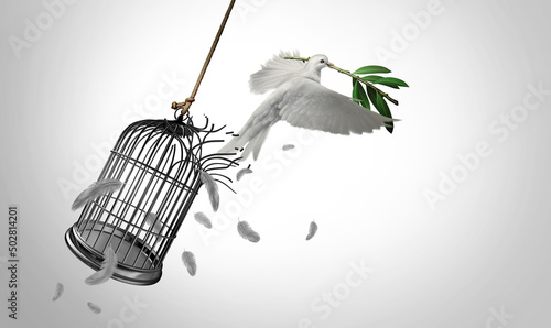 Power of peace and freedom sacrifice diplomacy or hope symbol as a dove with olive branches breaking out of a bird cage prison