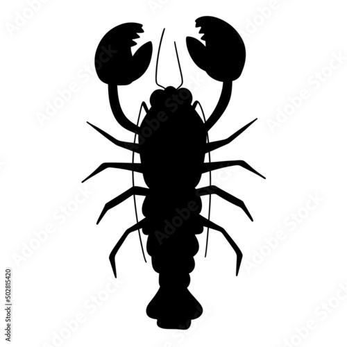 Black silhouette of sea crayfish, top view of silhouette of marine animal. Vector illustration isolated on white background