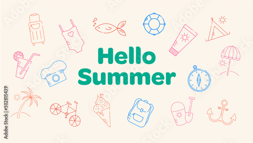 Bannière web sur le thème de l'été avec des pictogrammes, icones colorés et le message "Hello summer"