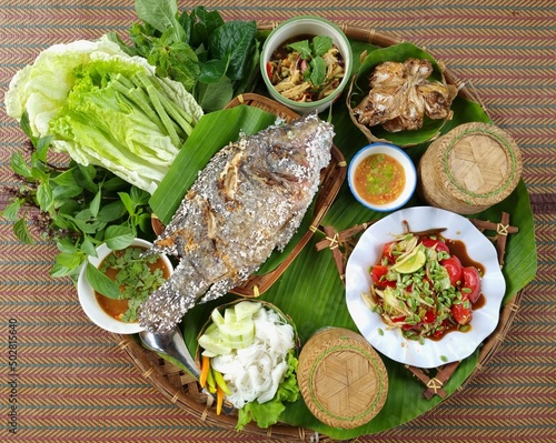 Isan food is delicious, Thailand food, Top view, Warm color tone