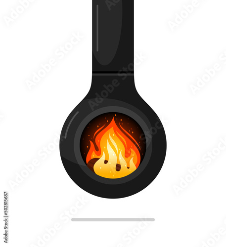 Wood burning or gas suspended fireplace, hanging stove with flame and firewood, modern multi fuel heater with porthole. Urban design. Vector isolated illustration