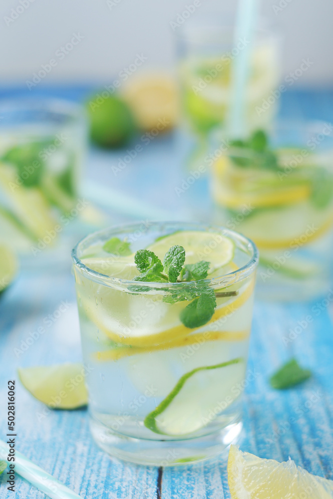 Glasses with lemon and lime lemonade Glasses with lemon and lime lemonade
