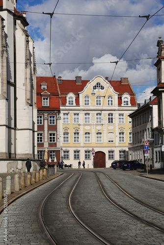 Old paved street in the center of Augsburg, Germany 