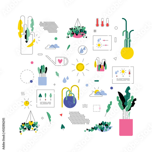 Set of vector plant and gardening illustrations. Happy and playful. Patterns, weather, temperature icons. Isolated objects.