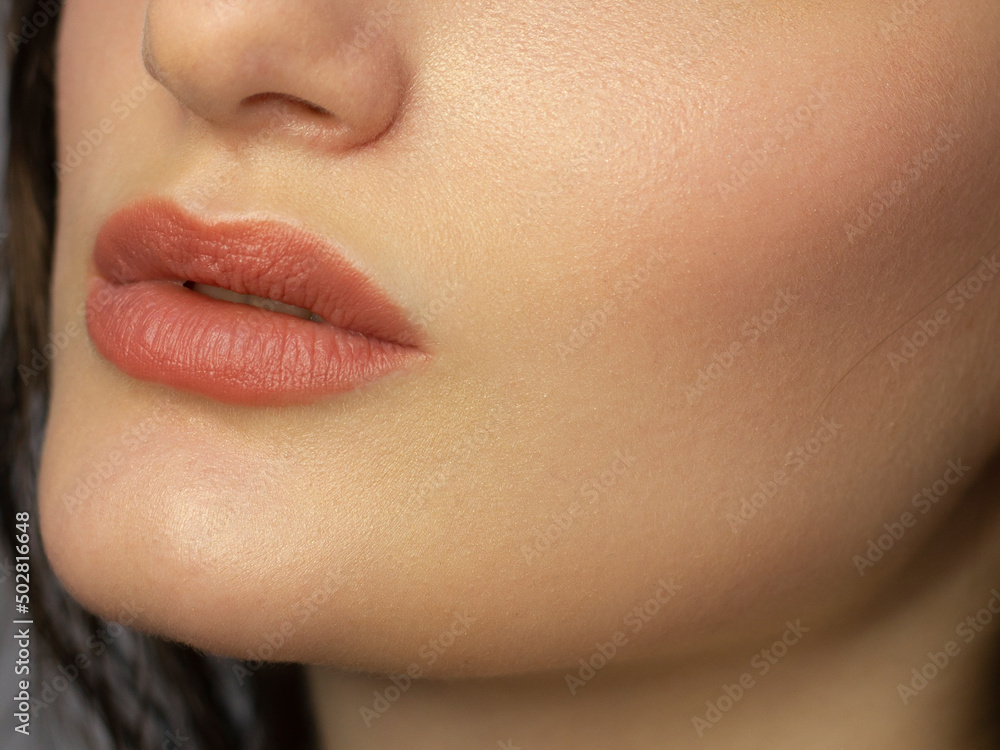 Perfect natural lip makeup. Close up macro photo with beautiful female mouth. Plump full lips. Close-up face detail. Perfect clean skin, light fresh lip make-up. Beautiful spa tender lip Perfect natural lip makeup. Close up macro photo with beautiful female mouth. Plump full lips. Close-up face detail. Perfect clean skin, light fresh lip make-up. Beautiful spa tender lip