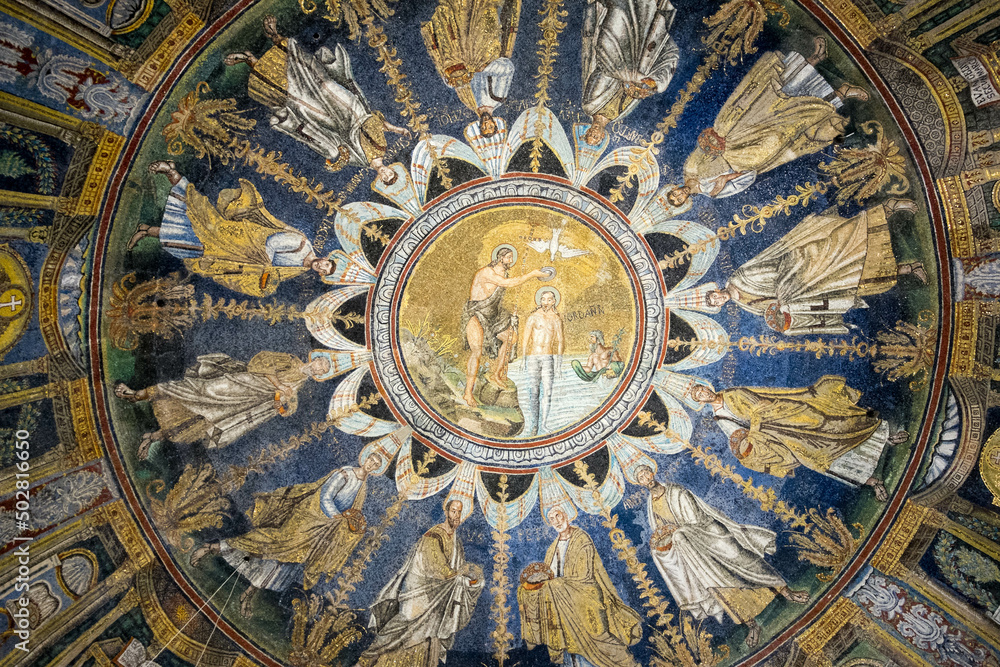 Ceiling mosaic in the  Baptistery of Neon, with John the Baptist and Jesus, Ravenna, Italy