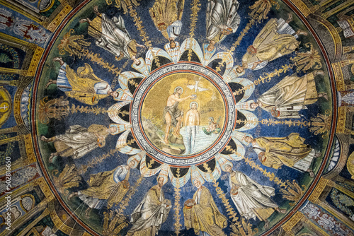 Ceiling mosaic in the  Baptistery of Neon  with John the Baptist and Jesus  Ravenna  Italy