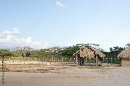 Buildings in a typical Wayu rancheria in Guajira. Colombia. Copy space.