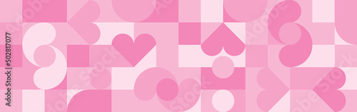 Seamless pink background for Mother's Day card template. Trendy geometric shapes with circles, squares and hearts in retro style for a Valentine's Day or wedding day cover.