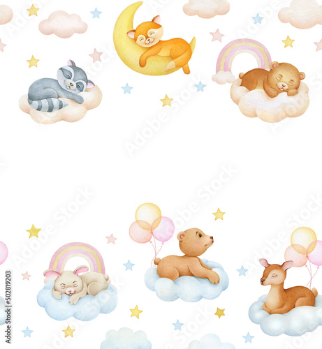 Cute dreaming cartoon animal hand drawn watercolor illustration. Raccoon, fox, bear, deer, bunny,  Baby shower invitation card.