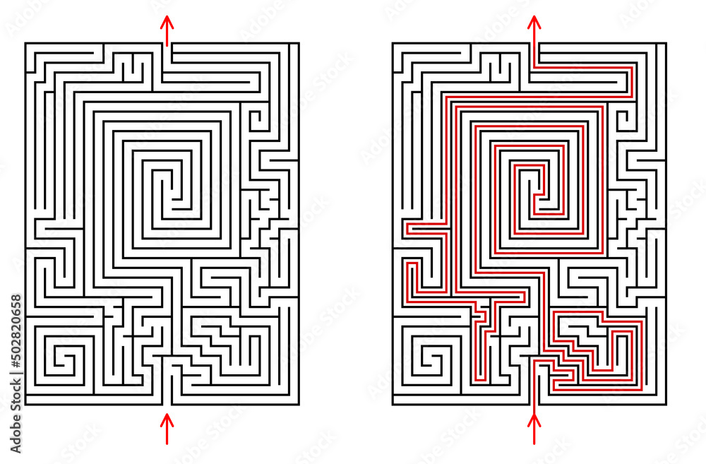 Vector rectangular labyrinth with entry and exit. Difficulty level - hard. Maze with solution - red passing route. Children logic game for brain training isolated on white background. Vector rectangular labyrinth with entry and exit. Difficulty level - hard. Maze with solution - red passing route. Children logic game for brain training isolated on white background.