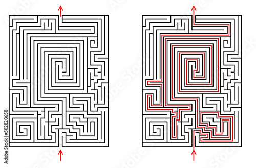 Vector rectangular labyrinth with entry and exit. Difficulty level - hard. Maze with solution - red passing route. Children logic game for brain training isolated on white background.