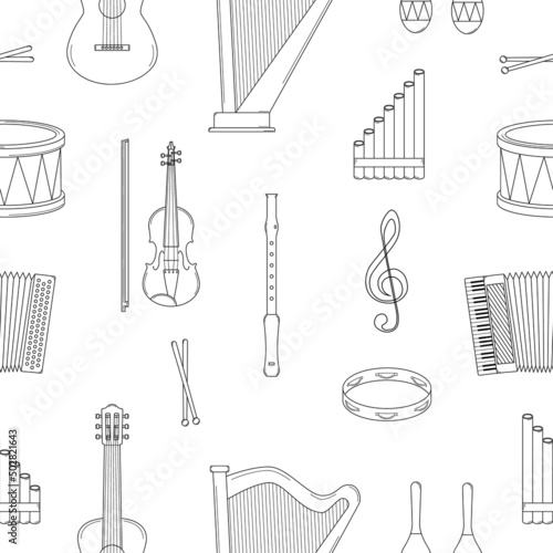 Hand drawn seamless pattern with musical instruments. Doodle style. Sketch. Vector.