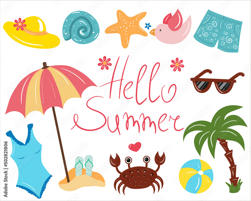 Summer icon set with crab, fruits, ice cream. Hand draw cartoon elements. Flat vector illustration Summer icon set with crab, fruits, ice cream. Hand draw cartoon elements. Flat vector illustration