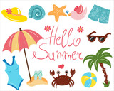 Summer icon set with crab, fruits, ice cream. Hand draw cartoon elements. Flat vector illustration