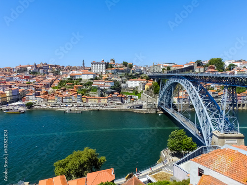 Porto, Portugal. View from Porto to Vila Nova de Gaia. Very tall bridge between the cities